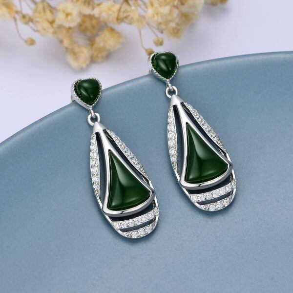 Sterling Silver Natural Teardrop Green Hetian Jade Drop Earrings-3