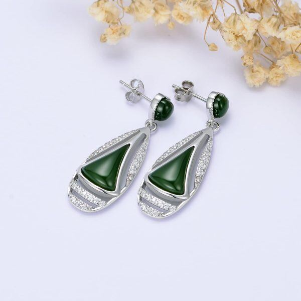 Sterling Silver Natural Teardrop Green Hetian Jade Drop Earrings-4