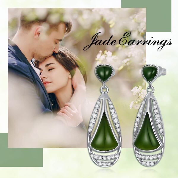 Sterling Silver Natural Teardrop Green Hetian Jade Drop Earrings-5