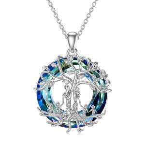 Sterling Silver Parents of 4 Children Tree of Life Pendant Necklace with Crystal Circle-0