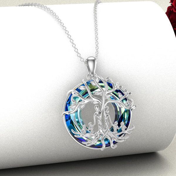 Sterling Silver Parents of 4 Children Tree of Life Pendant Necklace with Crystal Circle-4