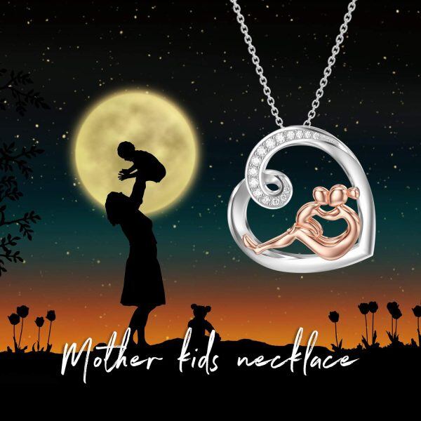 Sterling Silver Two-tone Mother and Child Heart Pendant Necklace-5