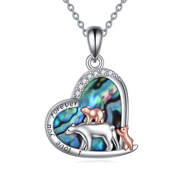 Sterling Silver Mama Bear Heart Pendant Necklace with Abalone Shell-0