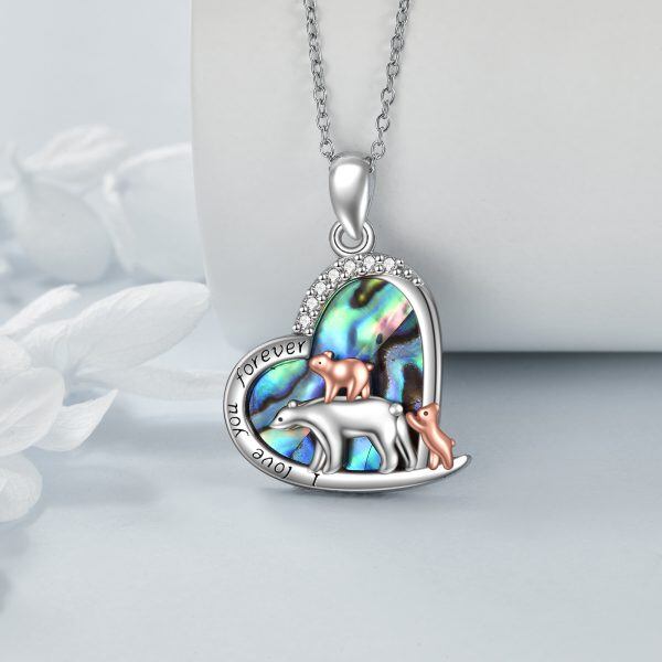 Sterling Silver Mama Bear Heart Pendant Necklace with Abalone Shell-3