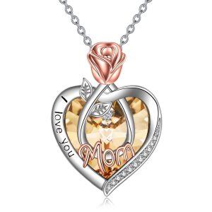 Sterling Silver Rose Flower Mom Pendant Necklace with November Birthstone Crystal-0