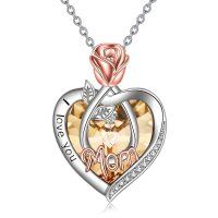 wholesale Sterling Silver Crystal Rose Flower Heart Jewelry Gift for Mom Grandma - Rhodium And Rose Gold Plated- Rhodium And Rose Gold Plated