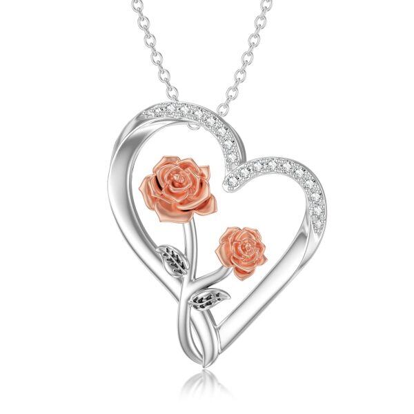 Sterling Silver Rose Flower Diamond Heart Pendant Necklace-0