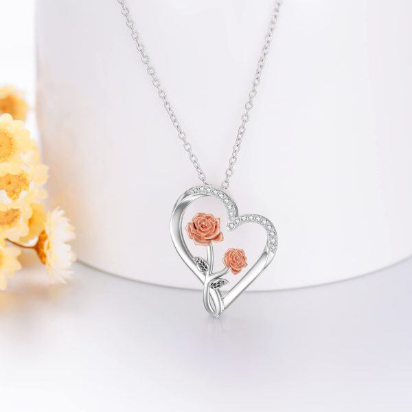 Sterling Silver Rose Flower Diamond Heart Pendant Necklace-3