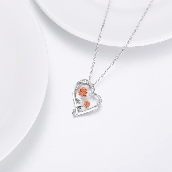 Sterling Silver Rose Flower Diamond Heart Pendant Necklace-4