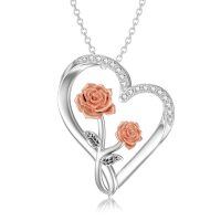 wholesale 925 Sterling Silver Rose and Diamond Double Heart Pendant Necklace for Women's Gifts- Rhodium And Rose Gold Plated