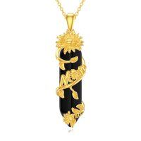 wholesale Sterling Silver Rose Quartz Obsidian I Love You Mom Sunflower Pendant Necklace - Gold Plated- Gold Plated