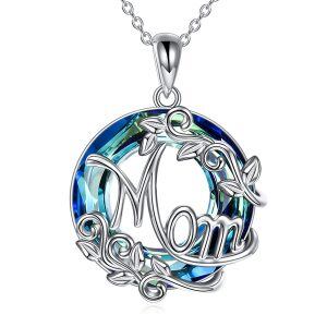 Sterling Silver Mom Crystal Circle Pendant Necklace-0