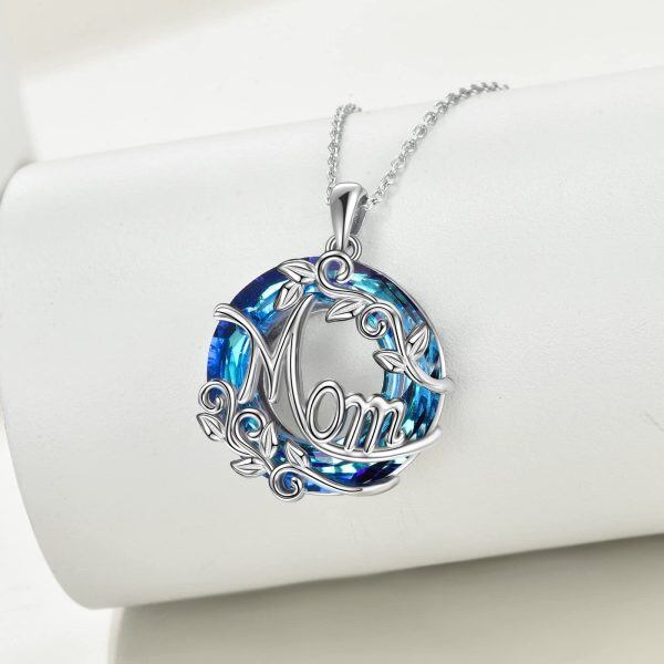 Sterling Silver Mom Crystal Circle Pendant Necklace-3