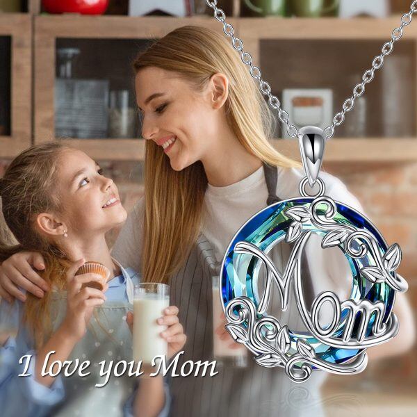 Sterling Silver Mom Crystal Circle Pendant Necklace-5