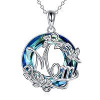 wholesale 925 Sterling Silver Blue Crystal Mom Pendant Necklace Gift for Mother's Day- Rhodium Plated