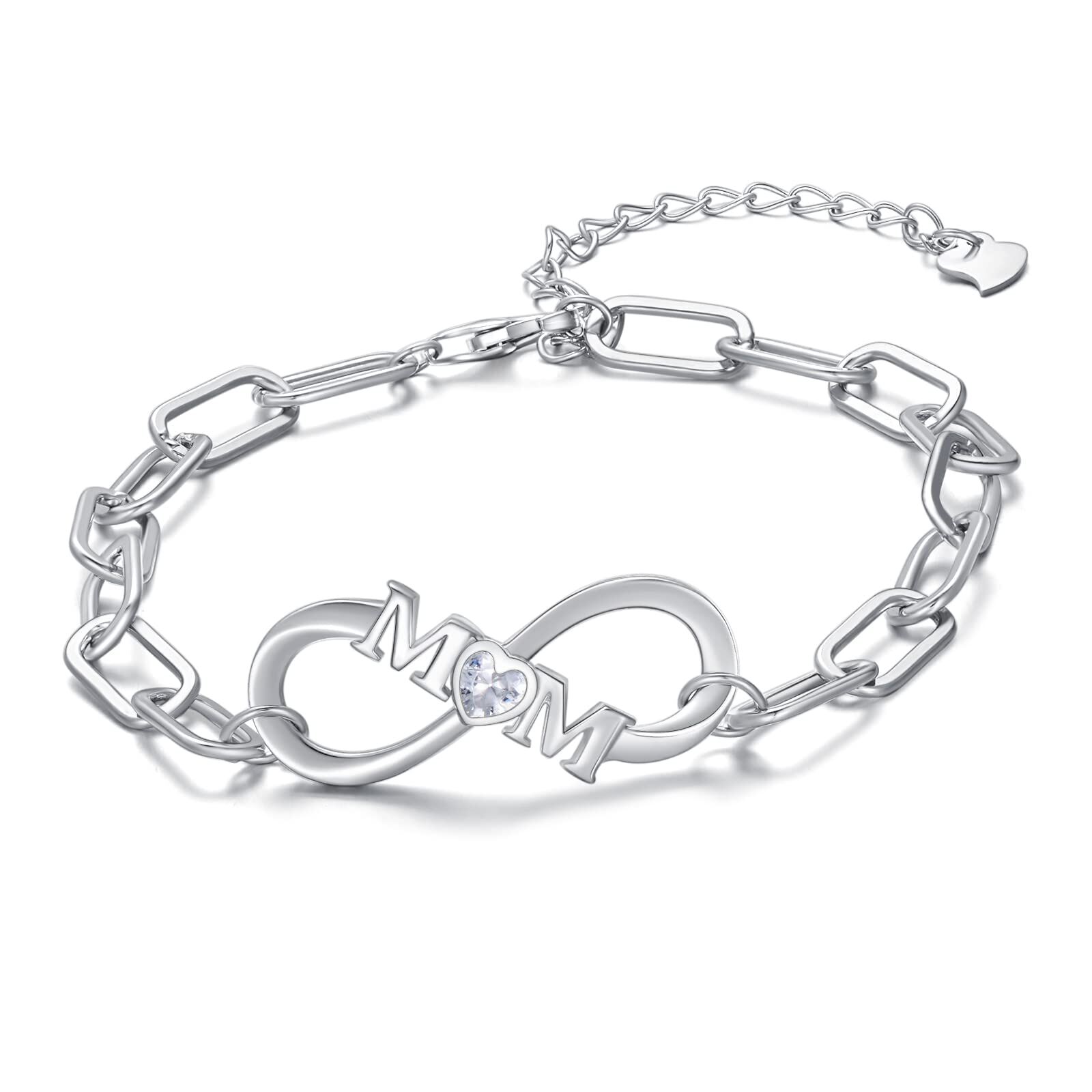 Sterling Silver Paper Clip Chain Adjustable Infinity Love Bracelet Gift for Mom - Rhodium Plated- Rhodium Plated