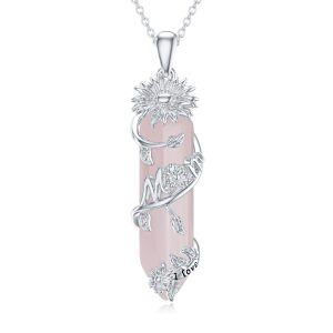 Sterling Silver "I Love You Mom" Sunflower Pendant Necklace with Rose Quartz-0