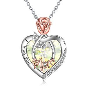 Sterling Silver Rose Flower Mom Pendant Necklace with April Birthstone Crystal-0