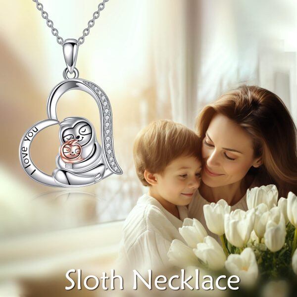 Sterling Silver Sloth Mom Child Pendant Necklace-5