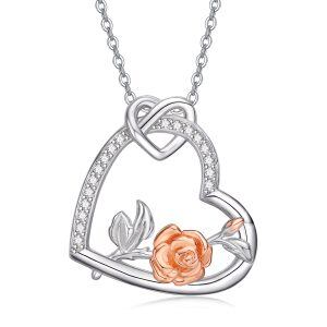 Sterling Silver Rose Flower Heart Pendant Necklace-0