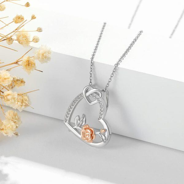 Sterling Silver Rose Flower Heart Pendant Necklace-4