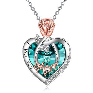 Sterling Silver Rose Flower Mom Pendant Necklace with May Birthstone Crystal-0