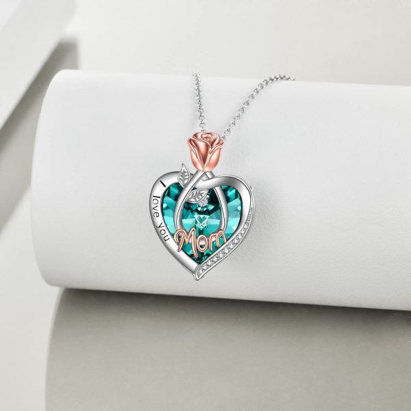 Sterling Silver Rose Flower Mom Pendant Necklace with May Birthstone Crystal-3