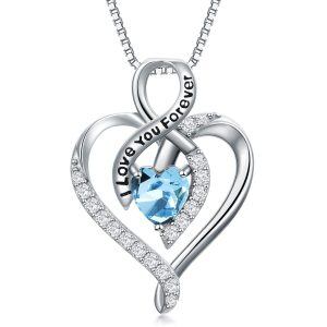 Sterling Silver Pale Blue Heart Pendant Necklace with March Birthstone-0