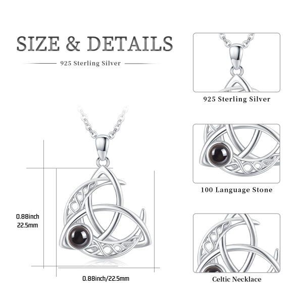 Sterling Silver 100 languages I Love You Celtic Moon Pendant Necklace-1