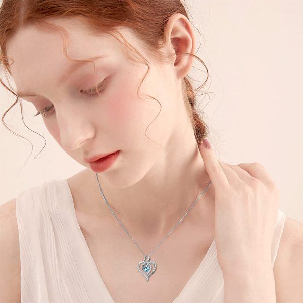 Sterling Silver Pale Blue Heart Pendant Necklace with March Birthstone-2