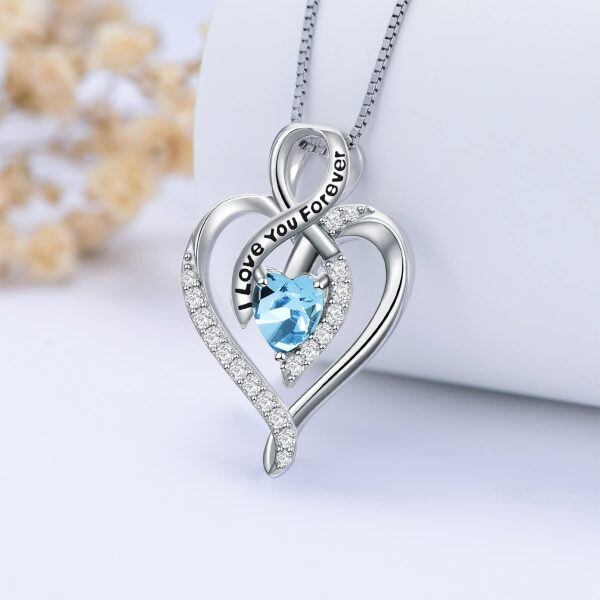 Sterling Silver Pale Blue Heart Pendant Necklace with March Birthstone-3