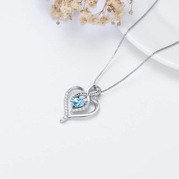 Sterling Silver Pale Blue Heart Pendant Necklace with March Birthstone-4