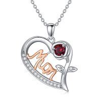 wholesale 925 Sterling Silver Red Garnet Flower Mom Heart Pendant Necklaces for Women Mothers Day Gifts- Rhodium And Rose Gold Plated