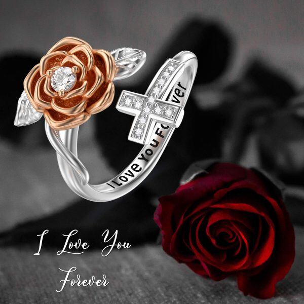 Sterling Silver Rose Cross Adjustable Rings-5