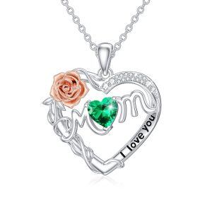 Sterling Silver I Love You Mom Pendant Necklace with May Birthstone-0