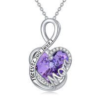 wholesale 925 Sterling Silver Purple Crystal Infinity Mom Necklace Forever you love me Heart Pendant Birthstone Gift for Women Mothers' Day Valentines Birthday Christmas- Rhodium Plated