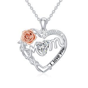 Sterling Silver I Love You Mom Pendant Necklace with April Birthstone-0