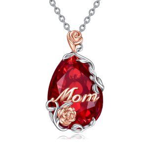 Sterling Silver Teardrop Red Crystal Pendant Necklace for Mom-0