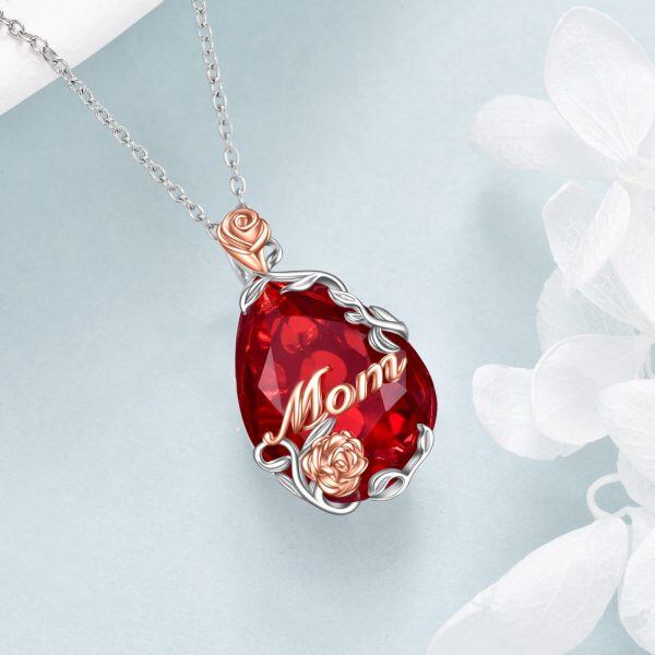 Sterling Silver Teardrop Red Crystal Pendant Necklace for Mom-4