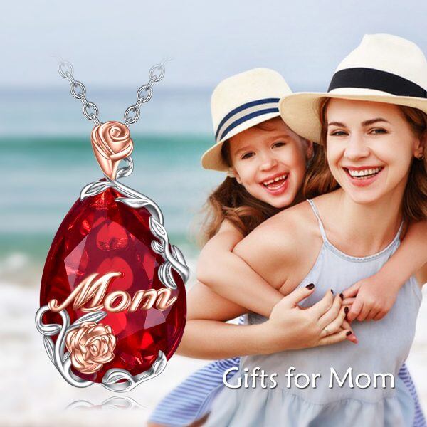 Sterling Silver Teardrop Red Crystal Pendant Necklace for Mom-5