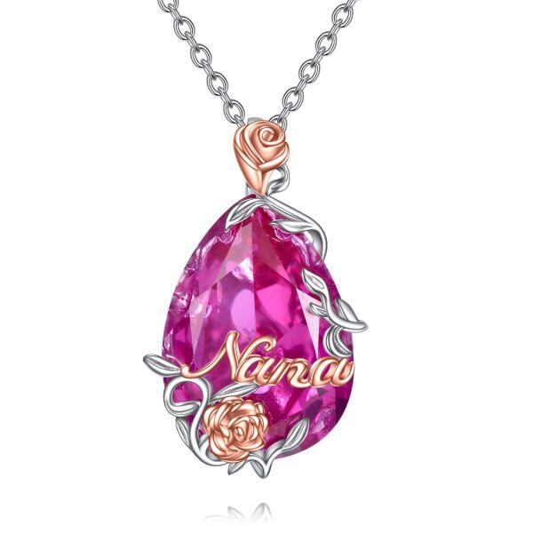 Sterling Silver Teardrop Purple Crystal Rose Flower Pendant Necklace for Nana-0