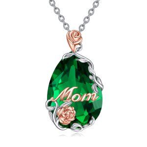 Sterling Silver Teardrop Green Crystal Rose Flower Pendant Necklace for Mom-0