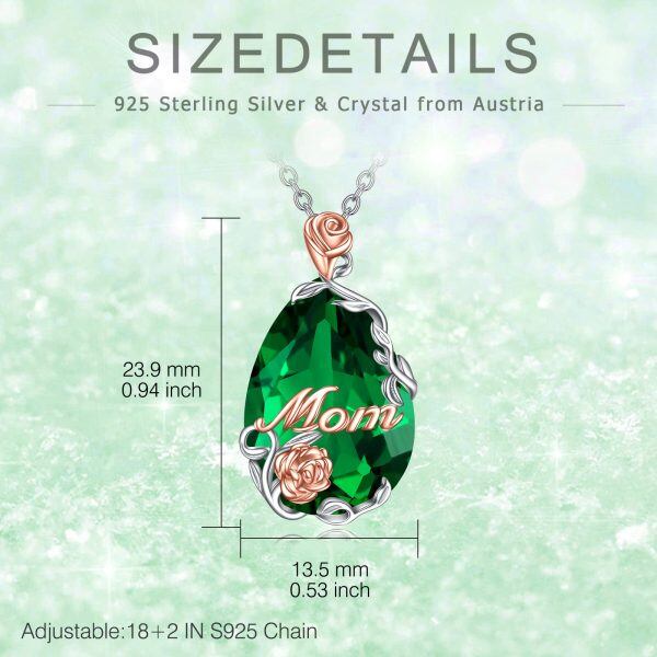 Sterling Silver Teardrop Green Crystal Rose Flower Pendant Necklace for Mom-1