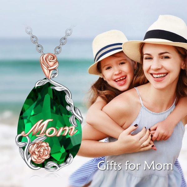 Sterling Silver Teardrop Green Crystal Rose Flower Pendant Necklace for Mom-3