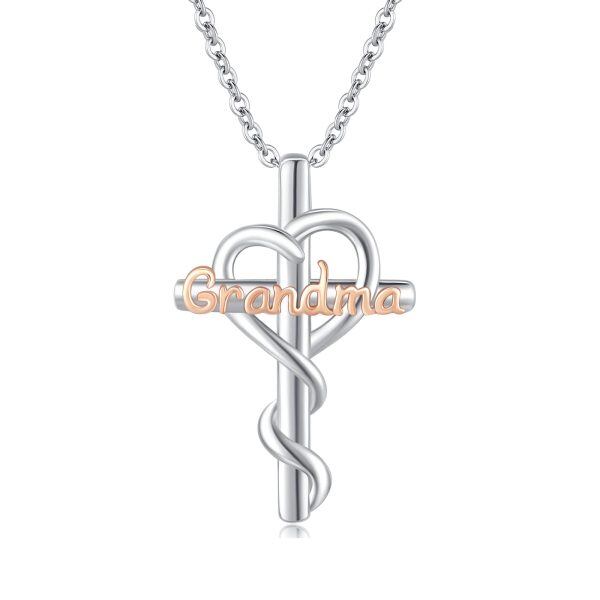 Sterling Silver Heart Cross Pendant Necklace for Grandma-0