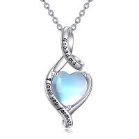 wholesale 925 Sterling Silver Moonstone Heart Pendant Necklaces for Women Mother's Day Gifts Jewelry Love You Forever Engraved Charm Chain Necklace- Rhodium Plated