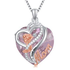 Sterling Silver Heart Crystal Pendant Necklace with October Birthstone for Mom-0