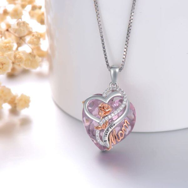 Sterling Silver Heart Crystal Pendant Necklace with October Birthstone for Mom-3