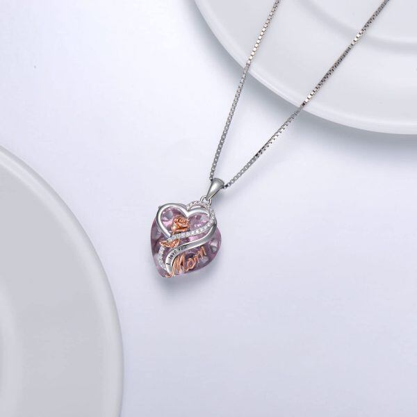 Sterling Silver Heart Crystal Pendant Necklace with October Birthstone for Mom-4