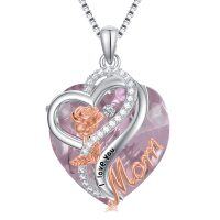 wholesale Sterling Silver Birthstone Mom I Love You Heart Rose Necklace - Rhodium And Rose Gold Plated- Rhodium And Rose Gold Plated